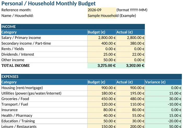 Screenshot of the monthly budget Excel sheet