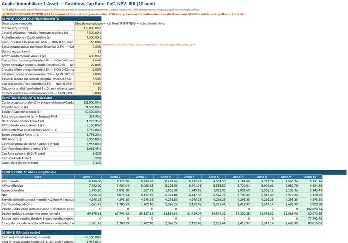 Schermata del foglio Excel di analisi immobiliare